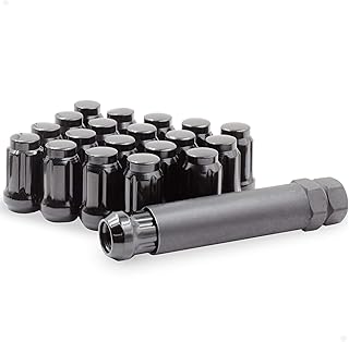 Wheel Accessories Parts Set of 20 Black Lug Nuts Thread 7/16 1.38in Long Car Small Diameter Lug Nut Closed End Bulge Acorn 6 Spline with Key (7/16 UNF, Black)