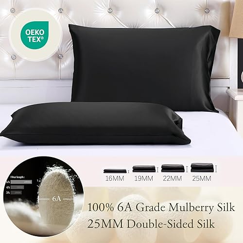 Vista 29 de LILYSILK Funda de almohada 100% de seda, 1 pieza de 0.984 in, funda de almohada pura para cabello y piel, sobre terse de doble cara, seda Charmeuse