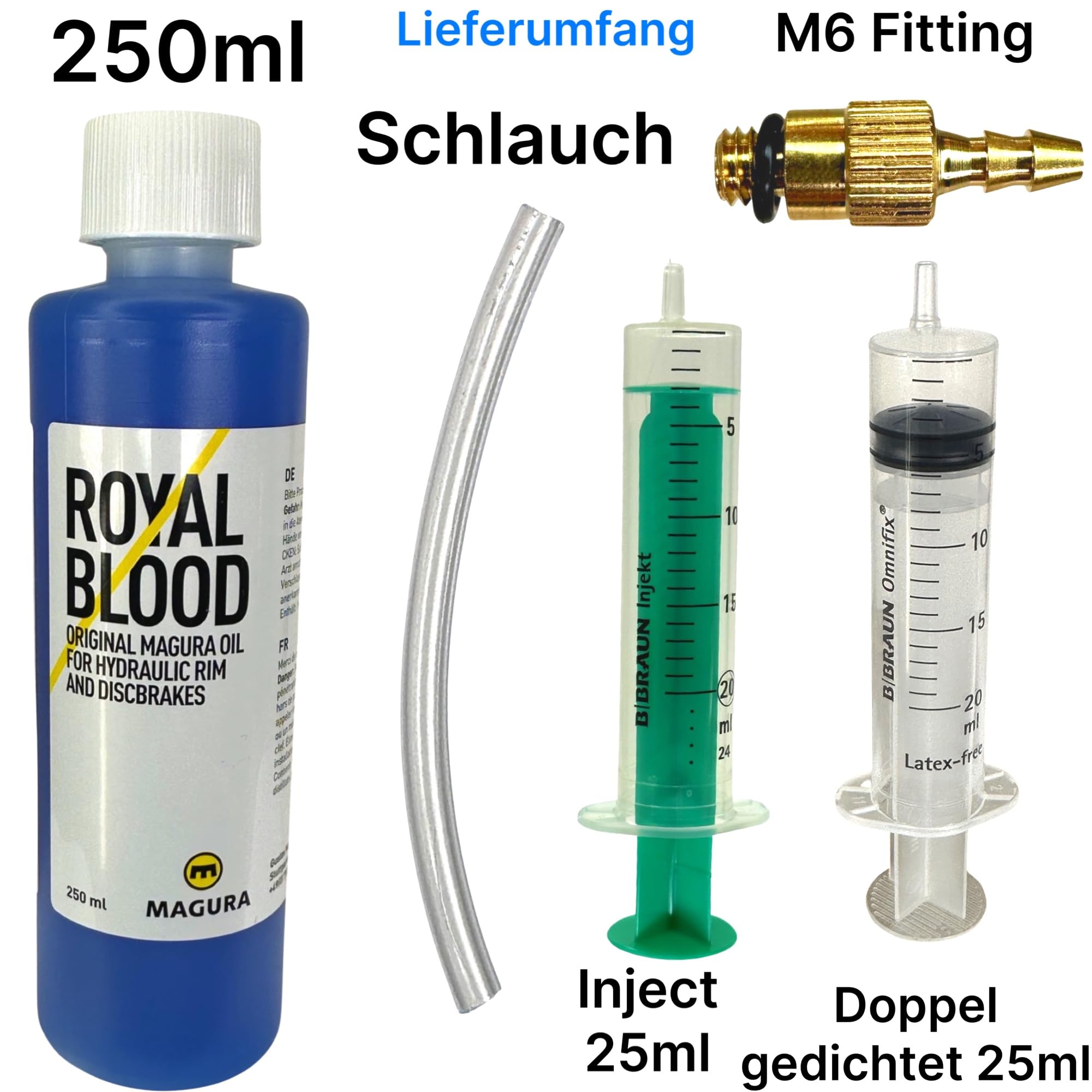 MAGURA Royal Blood Mineral Olio da 250 ml + F26 Service Kit idraulico per bicicletta, freni a disco / cerchione, kit di sfiato Mt 2 4 5 6 7 8 Trail HS11 Hs22 HS33 MTB CIty Ebike