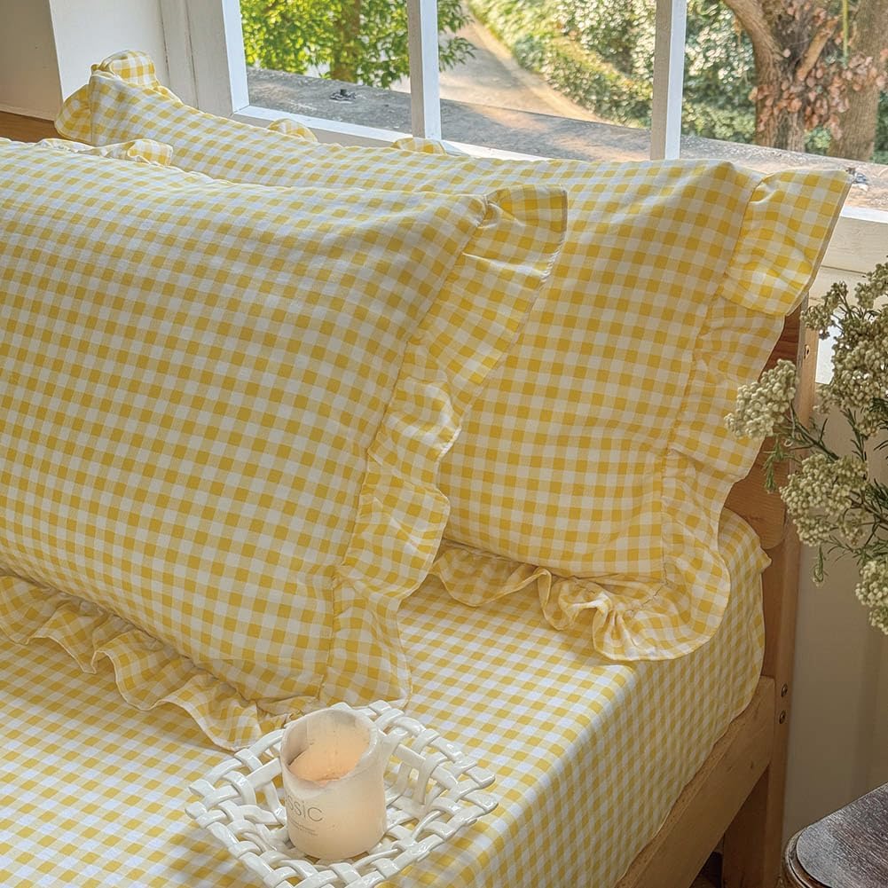 NSNLGSGC Yellow Ruffled Plaid Gingham Standard Size Pillow Shams 20"x26", Set of 2 Taupe Checked Pre-Washed Microfiber Farmhouse Pillowcases for Bed/Sofa (20"x26", Yellow Gingham)