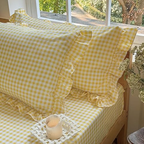 Miniatura 3 de NSNLGSGC Yellow Ruffled Plaid Gingham Standard Size Pillow Shams 20"x26", Set of 2 Taupe Checked Pre-Washed Microfiber Farmhouse Pillowcases for