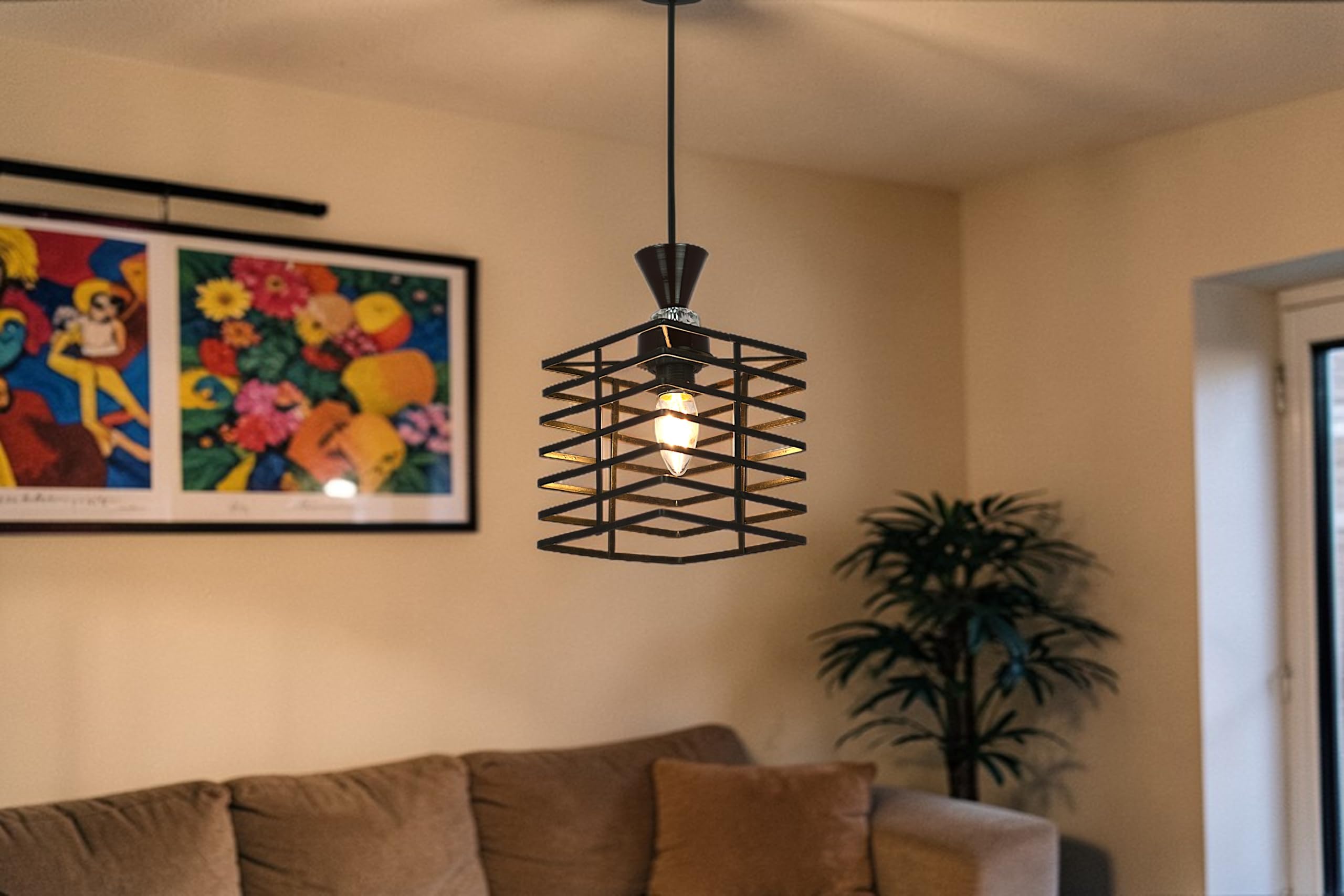 Prop It Up Modern Square Cage Pendant Light for Bedroom & Living Room | Industrial Hanging Ceiling Lamp with Metal Frame | Stylish Decorative Lighting for Home, Café & Dining Area | E27 Holder-image-42