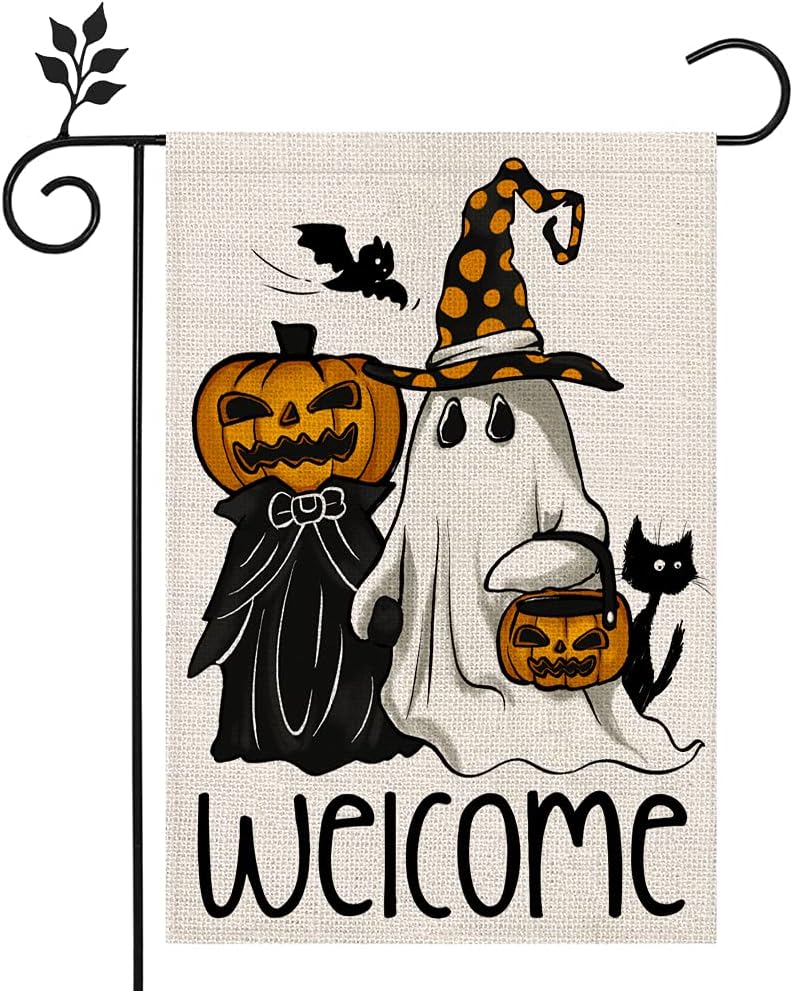 CROWNED BEAUTY Halloween Welcome Garden Flag Double Sided Vertical 12×18 Inch Spooky Black White Ghost Jack O Lantern Pumpkin Rustic Farmhouse Decor for Seasonal Holiday Yard CF286-12