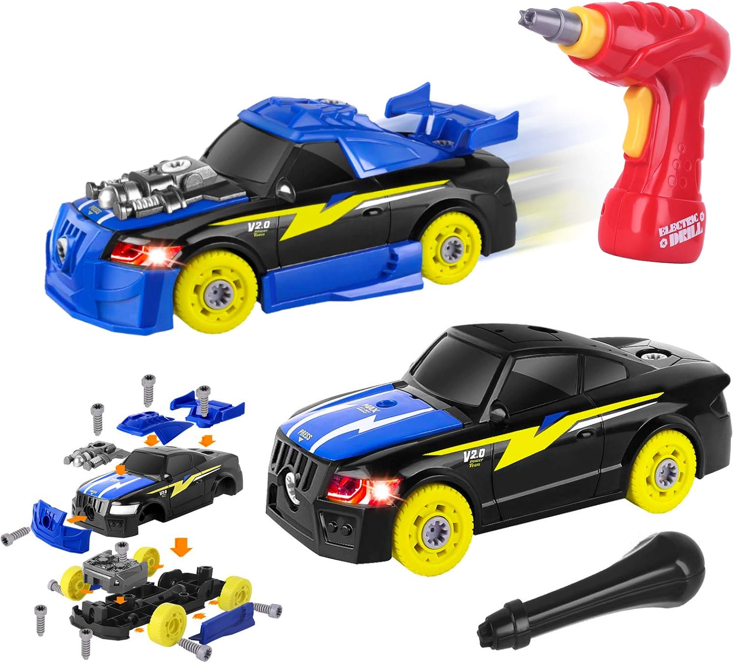 AOKESI Racing Car Toys Building Kit Take Apart Car,Put Together Car Toy with Drill Tool for 3.4.5 Years Old Boys Girls , Lights and Sounds STEM Gifts for Kids (26 Pieces)