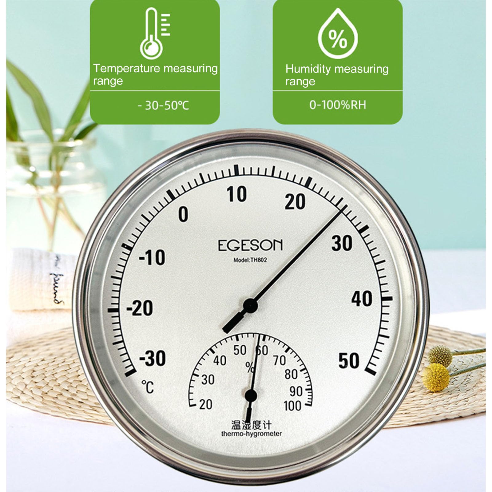 Termómetro higrómetro de acero, termómetro, higrómetro, forma redonda para medir la temperatura y la humedad en interiores y exteriores