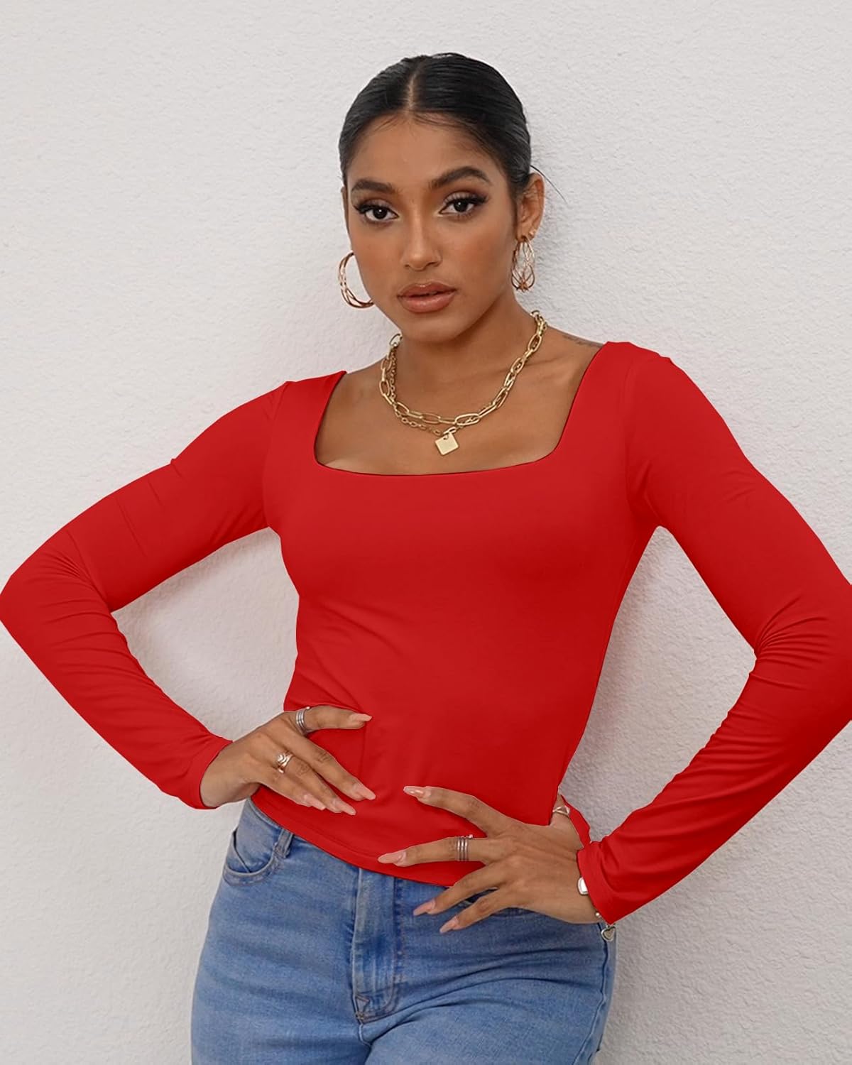 Dwnval Long Sleeve Shirts for Women - Basic Slim Fit Double Lined Square Neck Crop T Shirt - Image 3