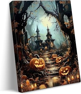 gaosoul Haunted Castle Canvas Print Mysterious Mansion with Smiling Jack-O-Lanterns Eerie Tree Tunnel Painting Prints Halloween Home Decor Ready to Hang 12x16in