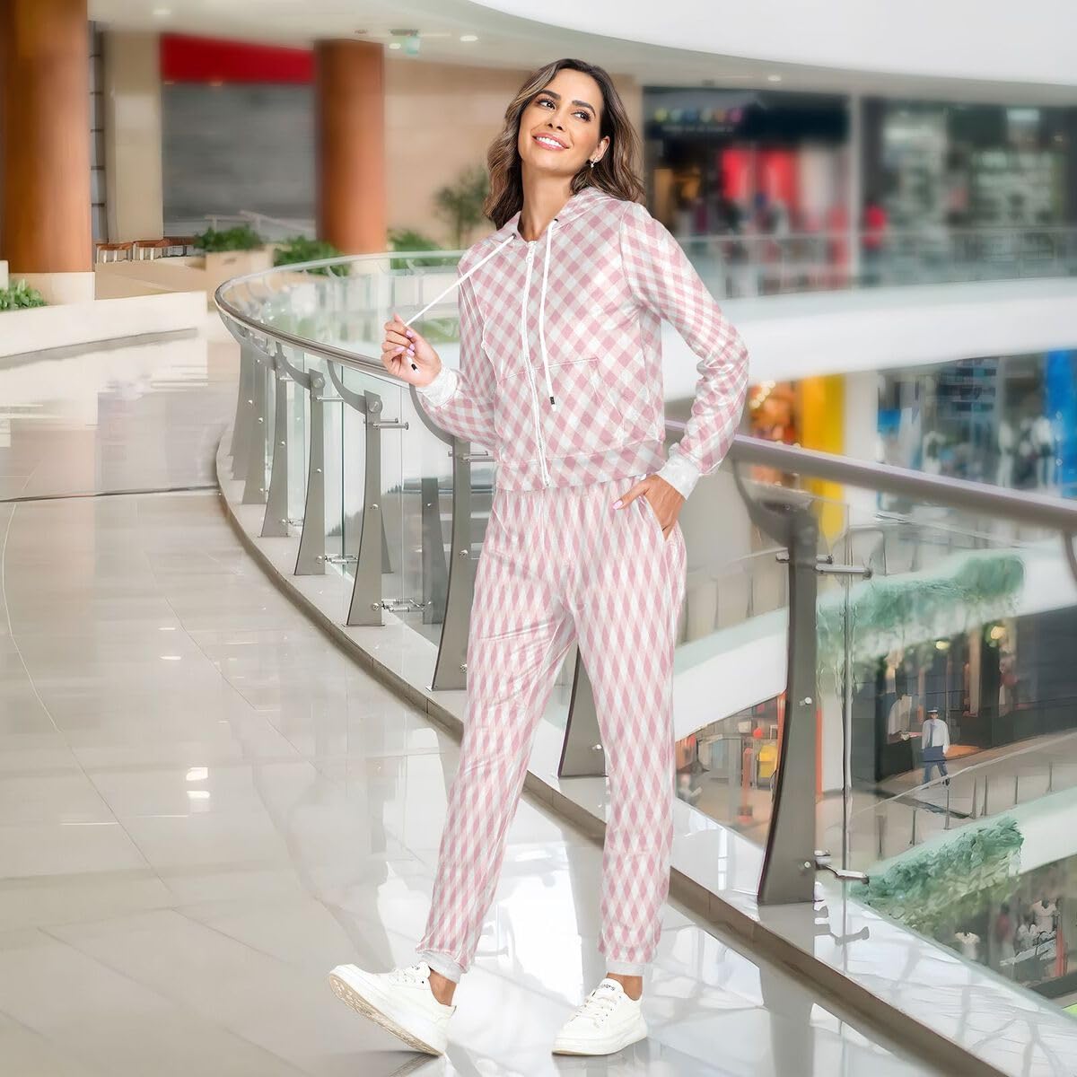Conjunto deportivo de 2 piezas para mujer, diseño geométrico a cuadros rosados, de manga larga, con textura