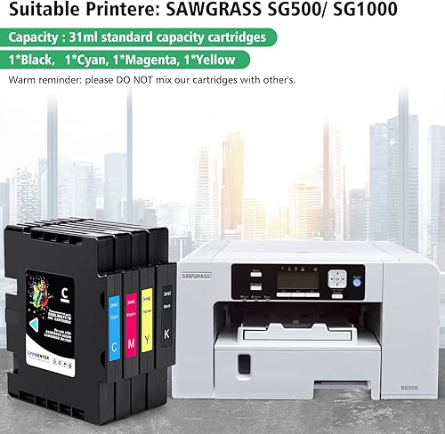 Miniatura 4 de OFFICENTER Cartucho de tinta de sublimación compatible con Sawgrass Virtuoso SG500 SG1000 (1 magenta, 1 negro, 1 cian, 1 amarillo, 4 unidades)