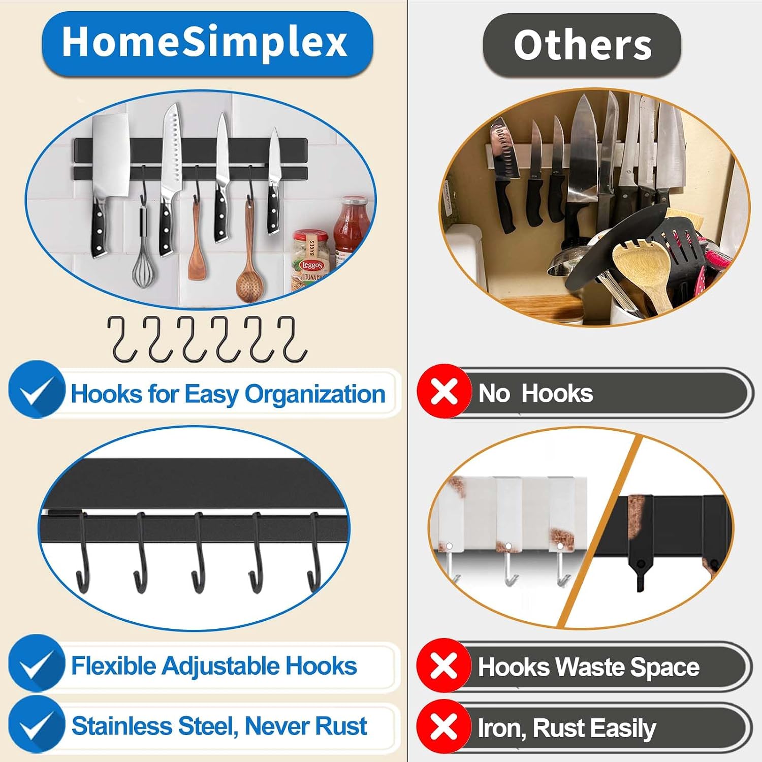 12 Inch Magnetic Knife Strip for Wall, 6 Hooks, Black