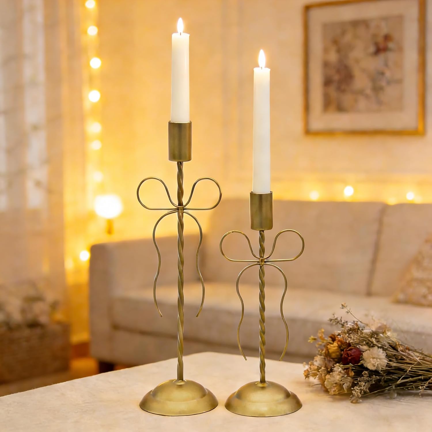 2 Sets Gold Candlestick Holders Taper Candle Holders, Vintage Brass Tall Candlesticks with Bows for Fireplace Wedding Mother's Day Birthday Party Tables Centerpieces Decorations