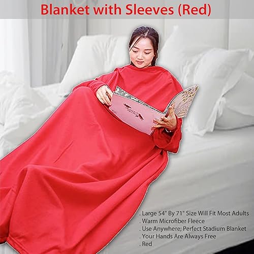 Miniatura 5 de Manta con mangas, manta de microfibra polar para estadio, casa de campo, suave envoltura para acurrucarse (rojo) para adultos, 54 x 71 pulgadas