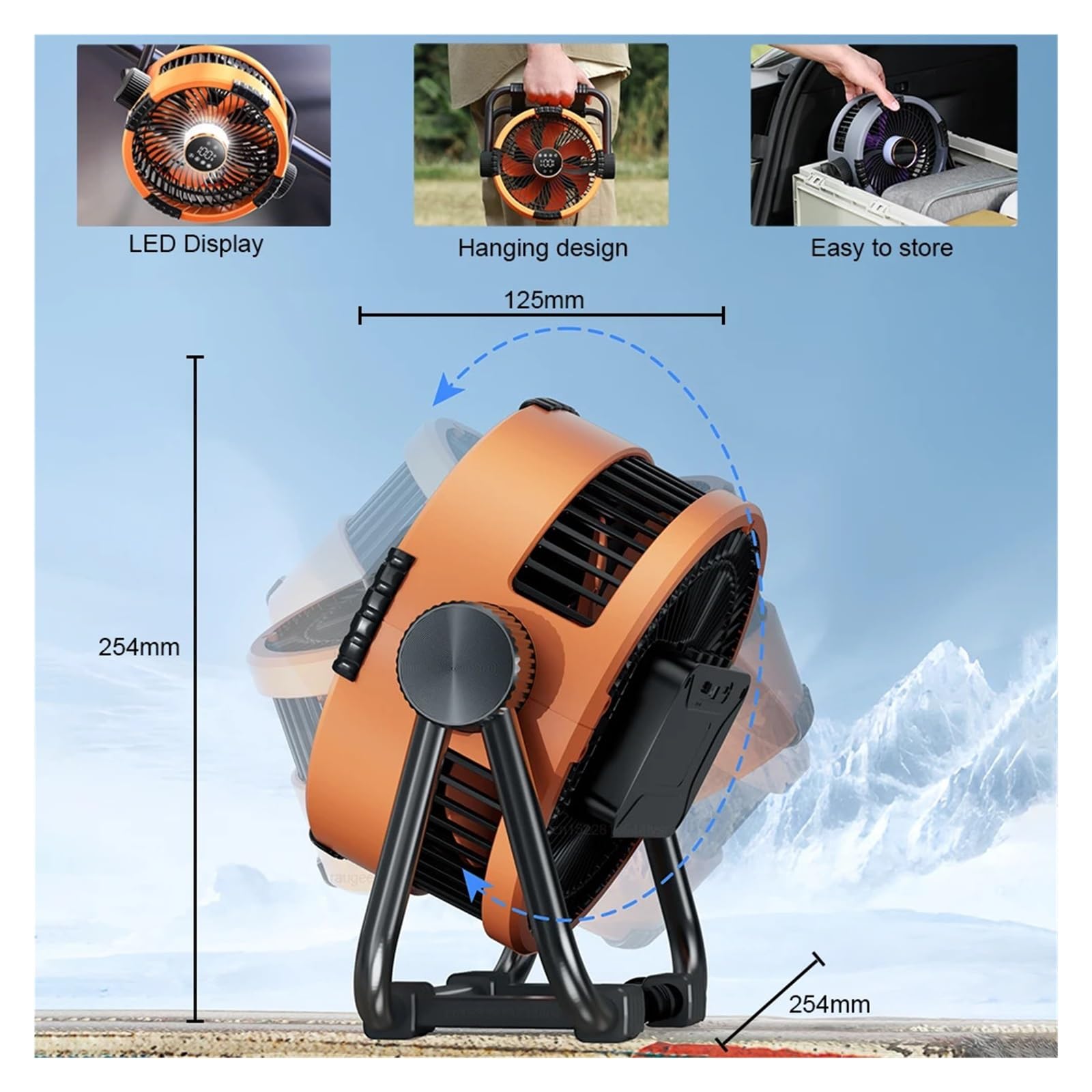 Generico Ventilatore da campeggio for esterni | 20000 mAh, wireless, rotazione a 360°, telecomando, LED, gancio, soffitto(Orange)
