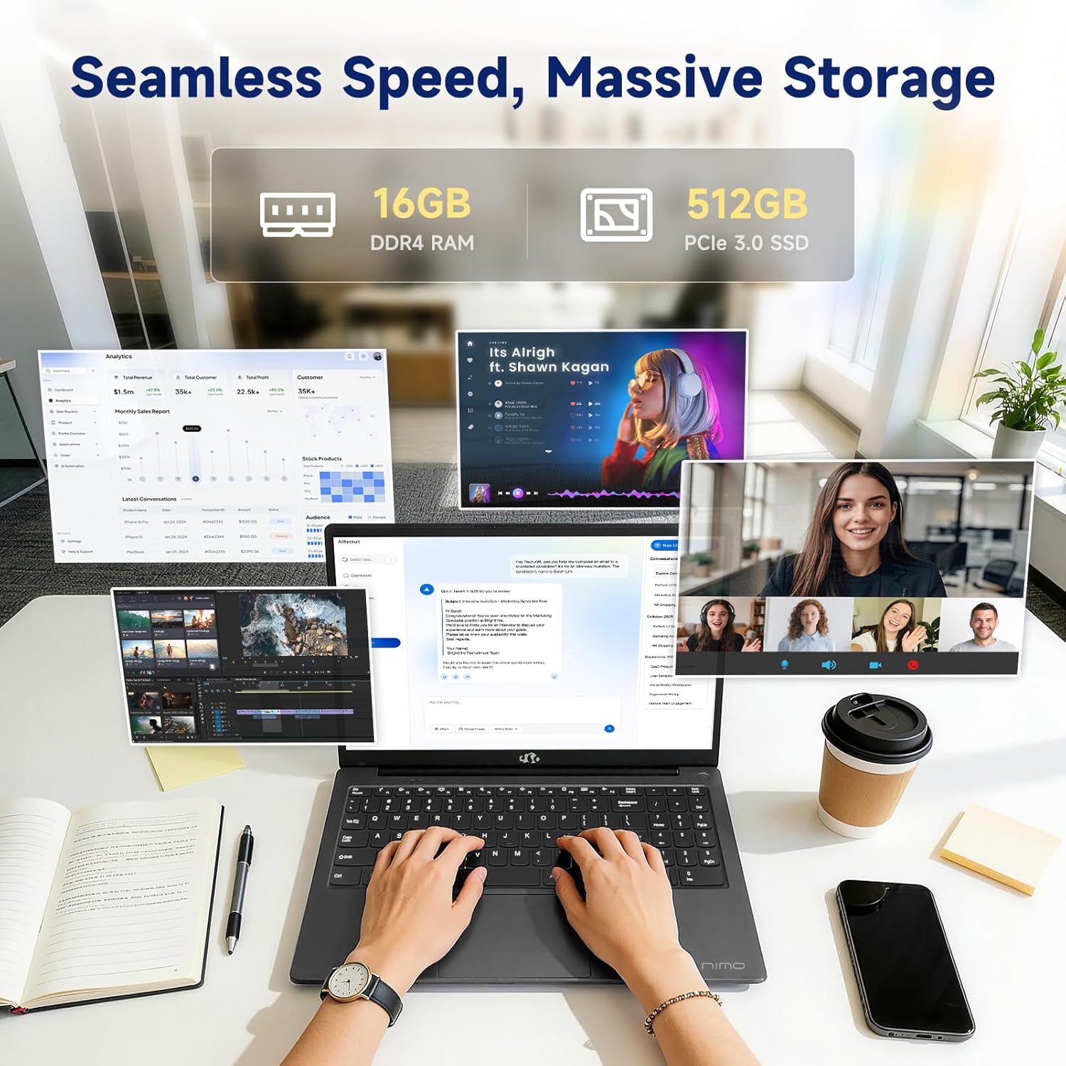 NIMO 15.6" FHD Laptop, 4 Cores Intel Twin Lake 16GB RAM 512GB SSD (up to 3.6GHz Beat i3-10110U) for Student & Office with 2 Year Warranty 65W Type-C, 53.58Wh Battery Backlit Keyboard Fingerprint