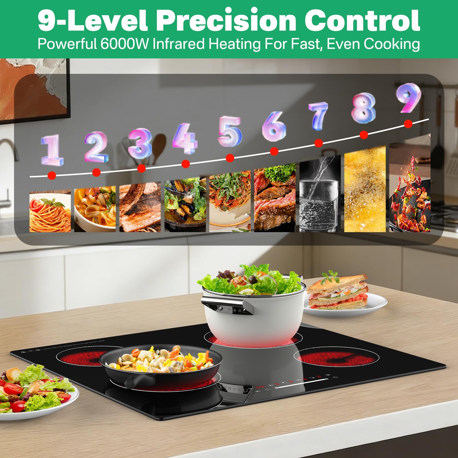 Płyta kuchenna ze szkła ceramicznego 60 cm 4 palniki, 6000 W, przesuwana kontrola dotykowa, pojedyncze okrągłe strefy gotowania, bez wtyczki bezpośrednie połączenie, otwór 560 x 490 mm