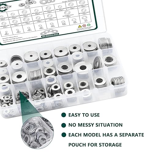 Miniatura 5 de Arandelas de guardabarros, 520 piezas SAE + métricas de 23 tamaños, juego surtido de arandelas planas, kit de arandelas de ferretería surtidas de