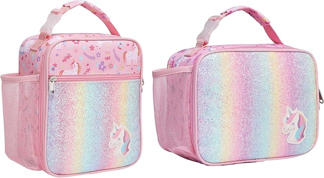 Bagseri Kids Lunch Bag for Girls Bundle, 2 Pack Insulated Kids Lunch Bag Girls Lunch Box, Pink Unicorn