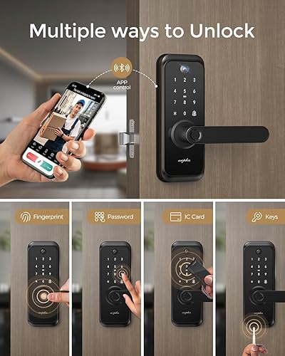 Miniatura 5 de Cerradura inteligente de video WiFi con cámara y asa, entrada sin llave 6 en 1 (huella dactilaraplicacióntecladotecladollave), perilla de puerta