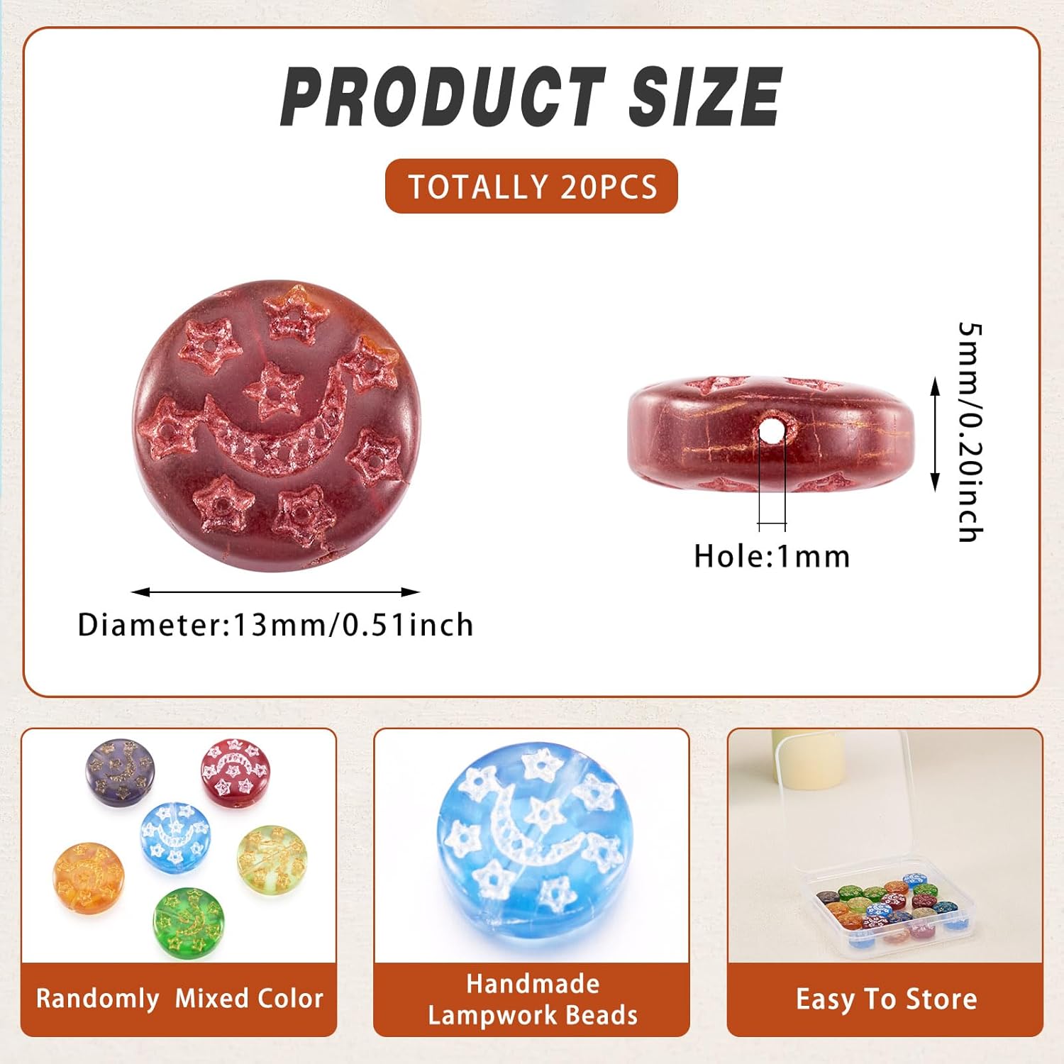 20Pcs 13 mm Flat Round Spacer Beads with Moon Star Pattern Colorful Celestial Moon Star Lampwork Glass Disc Beads Circle Round Loose Beads for DIY Crafts Bracelets Earrings Necklaces Making - Image 2