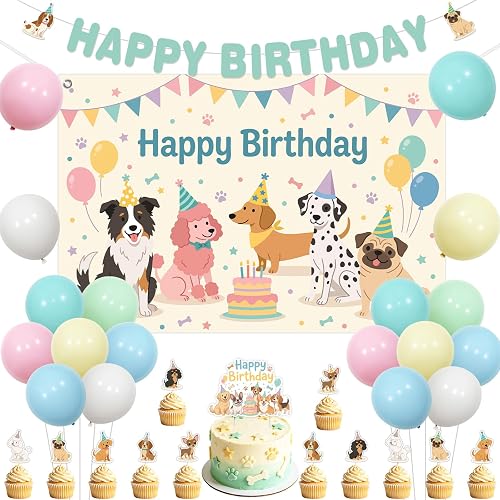 Balterever Dog Party Decorations with 5x3ft Backdrop Banner Cake Topper Cupcake 