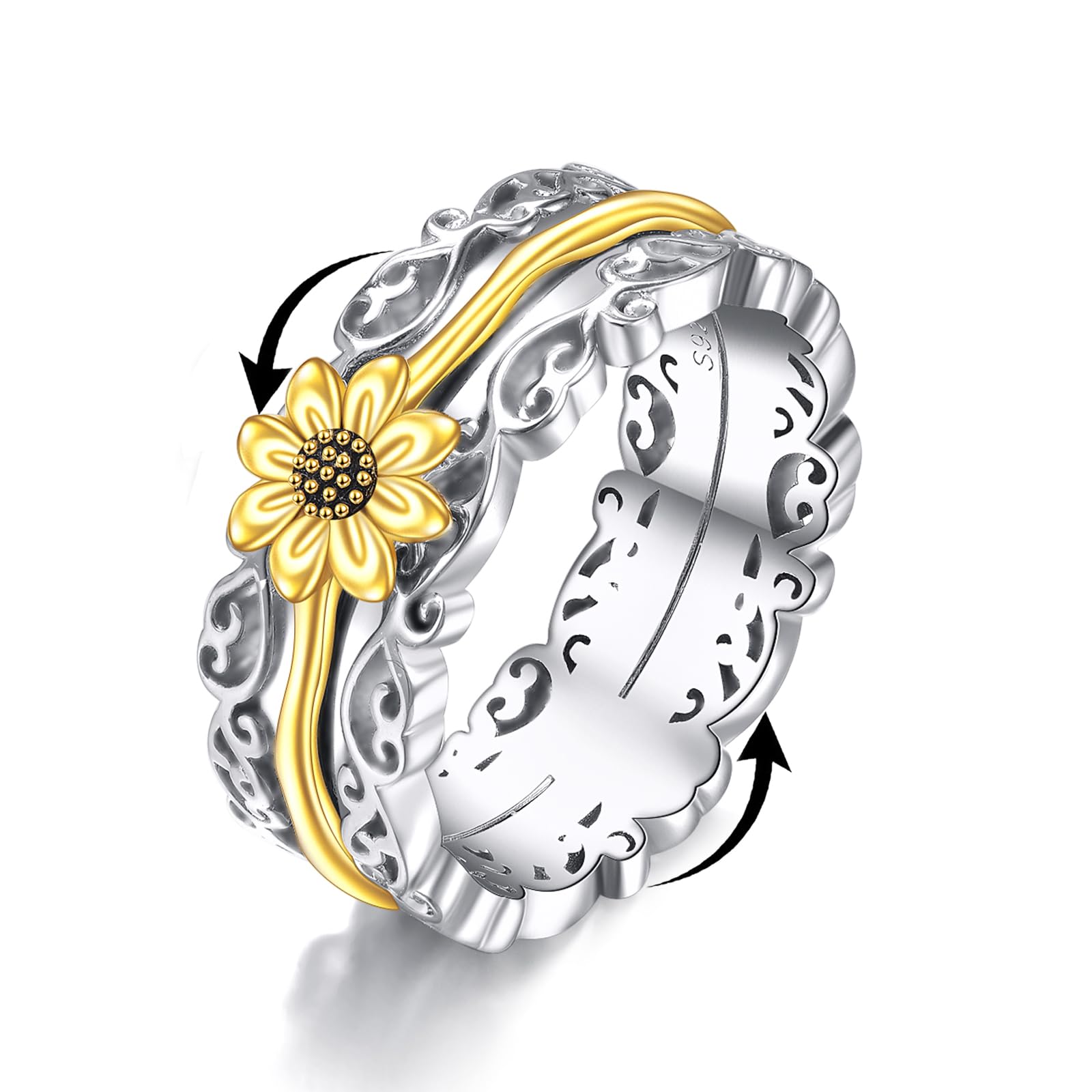 VONALA Filigree Sunflower Fidget Rings for Anxiety 925 Sterling Silver Sunflower Cross Moonstone Moss Agate Spinner Rings for Women Anti Stress Mood