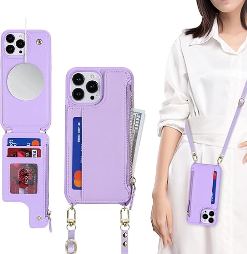 Miniatura 7 de Funda para iPhone 14 Pro Max con tarjetero con cremallera y correa para mujer, iPhone 14 Pro Max, funda compatible con piel sintética, con botones,