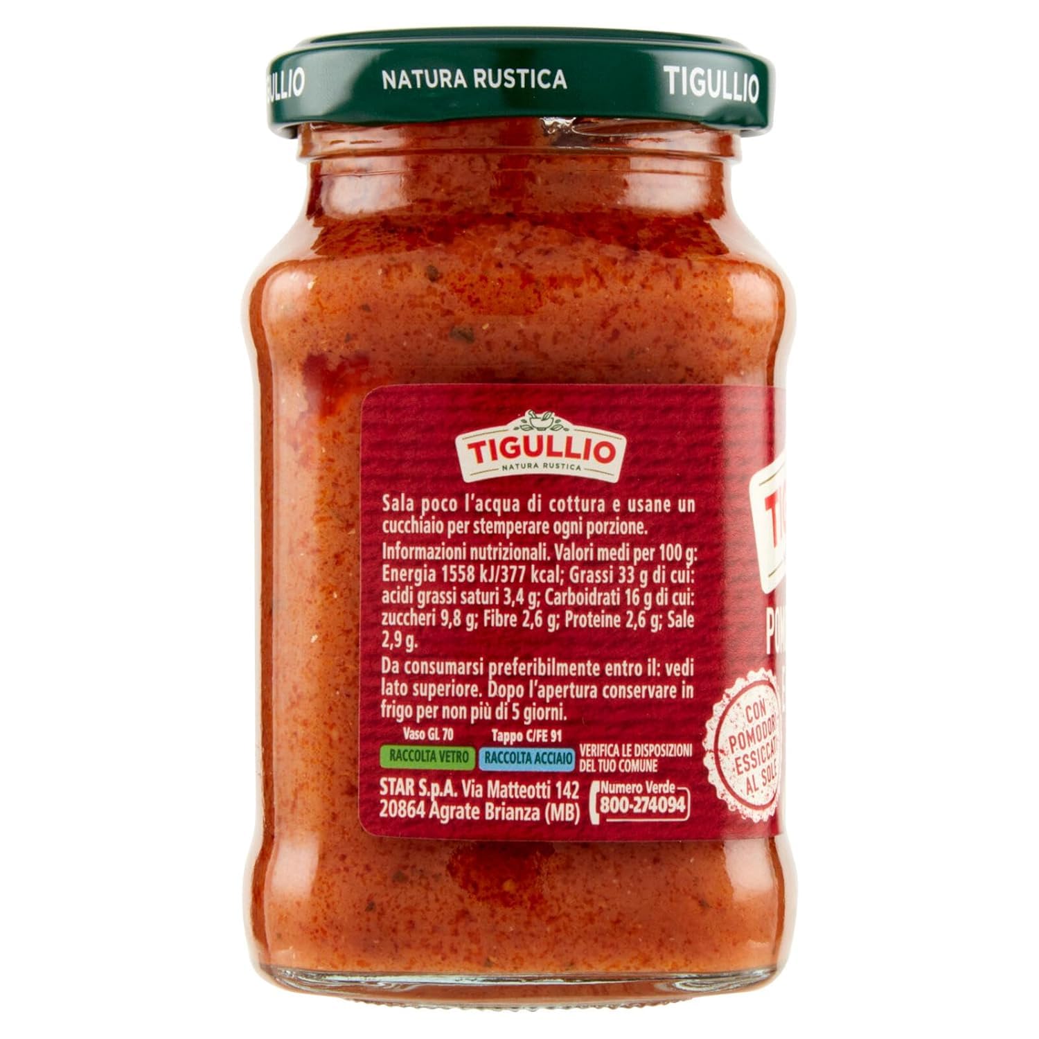 Tigullio Pesto con Pomodori Secchi e Pistacchi, 190 g, Confezione da 15, + portachiavi italy shop service