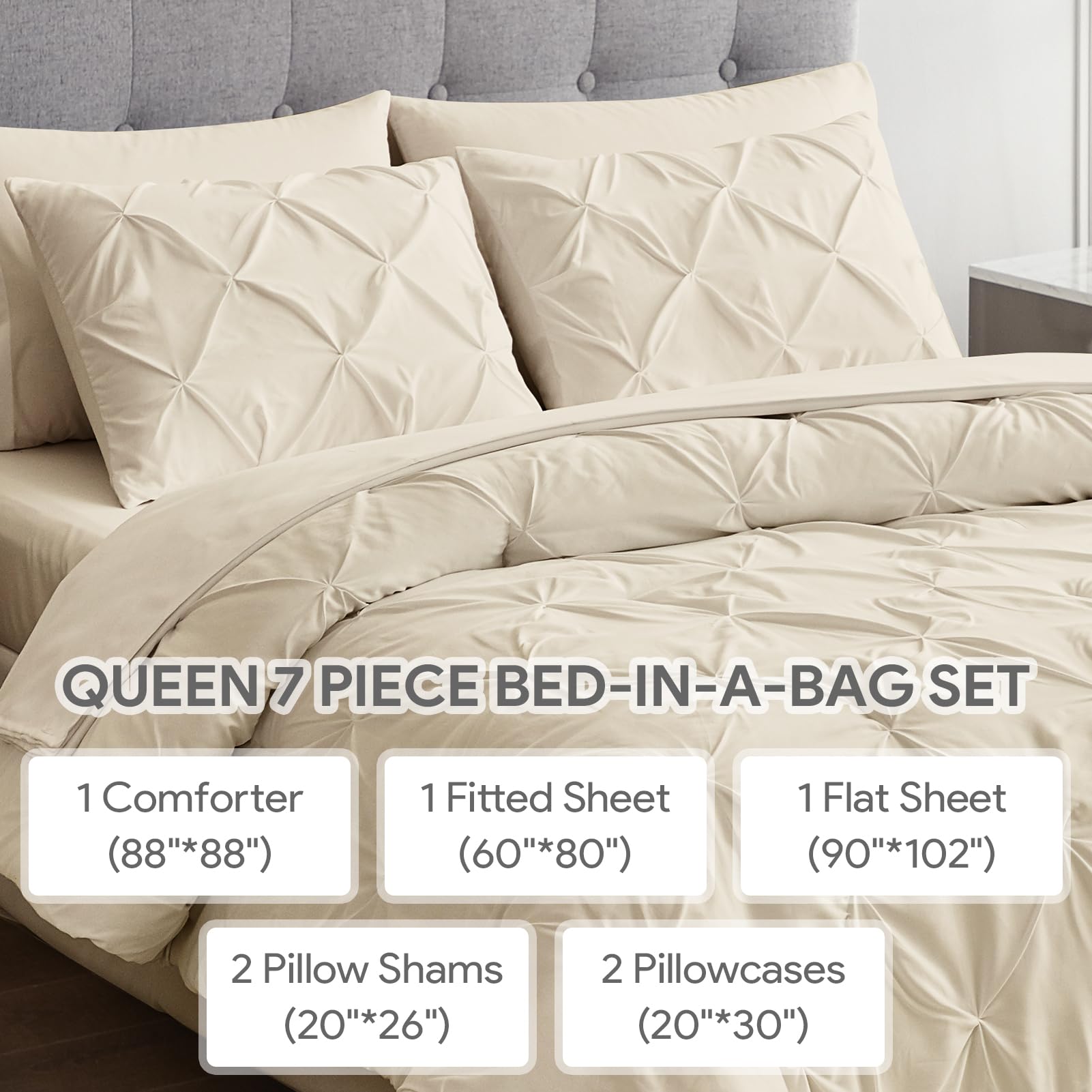 Maple&Stone Queen Comforter Set 7 Pieces Pinch Pleat Bed in A Bag