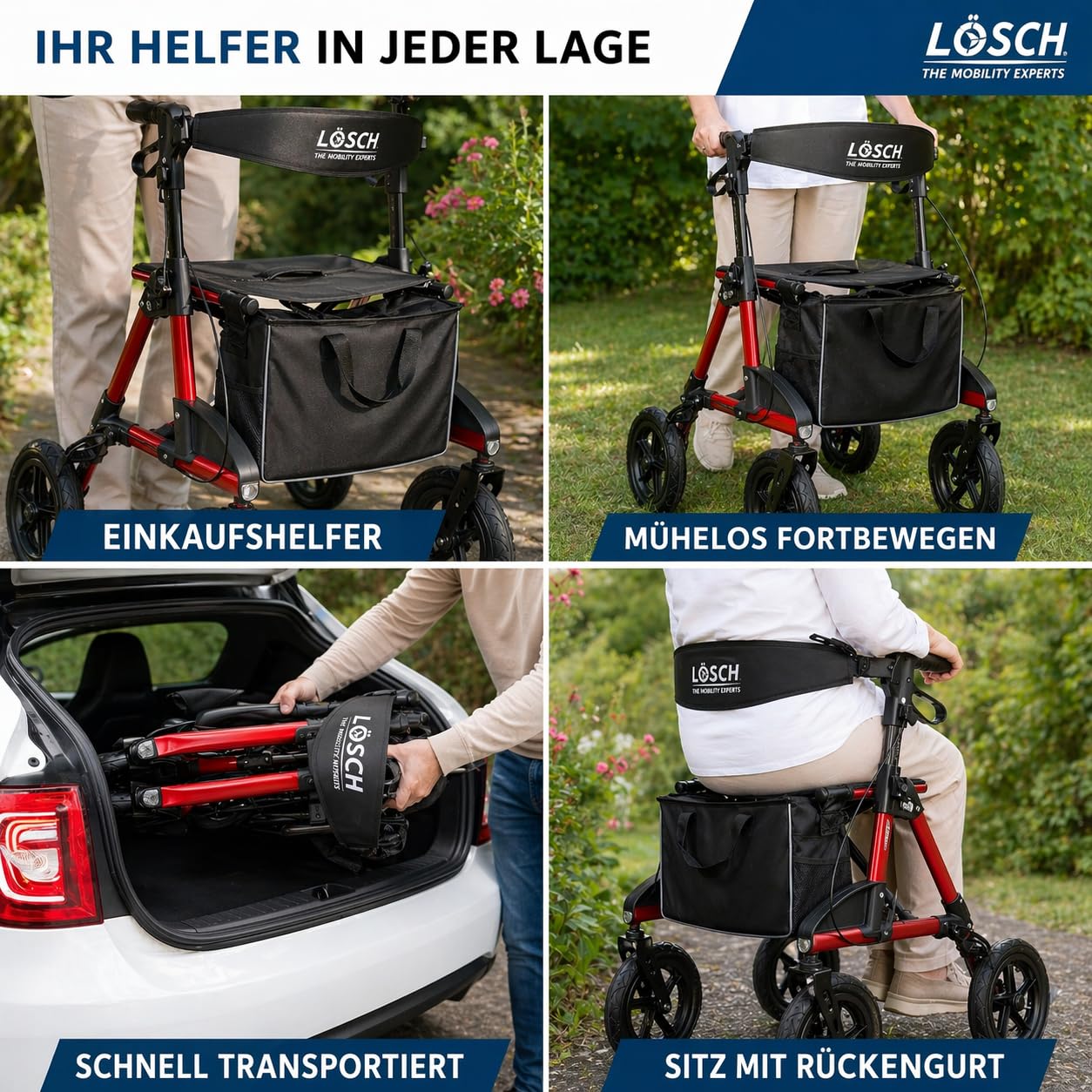 TABAS Outdoor Rollator 2.0 luftbereift – Leichtgewicht Aluminium Rollator faltbar mit Sitz & Tasche, höhenverstellbar, stabile Gehhilfe für Senioren innen & außen – Rot