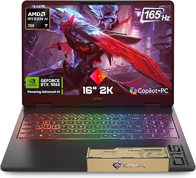 HP Omen Max 16 Gaming Laptop, AMD Ryzen AI 7 350, GeForce RTX 5070, WQXGA 2560 * 1600 240Hz IPS Display, 3 Heat Dissipation Design, RGB Keyboard, Omen AI, Win 11 Home Black, 32GB RAM | 1TB SSD