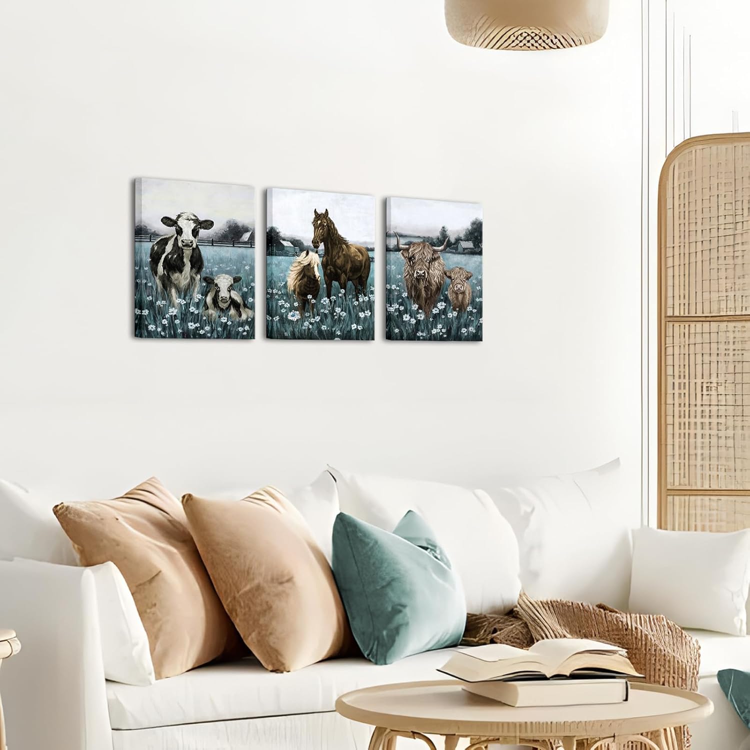 Conipit Farm Animal Canvas Prints Wall Art Rustic Farmhouse Pictures Prints Highland Cow Horse Painting Country Animal Artwork Framed For Living Room Decor（Small Blue