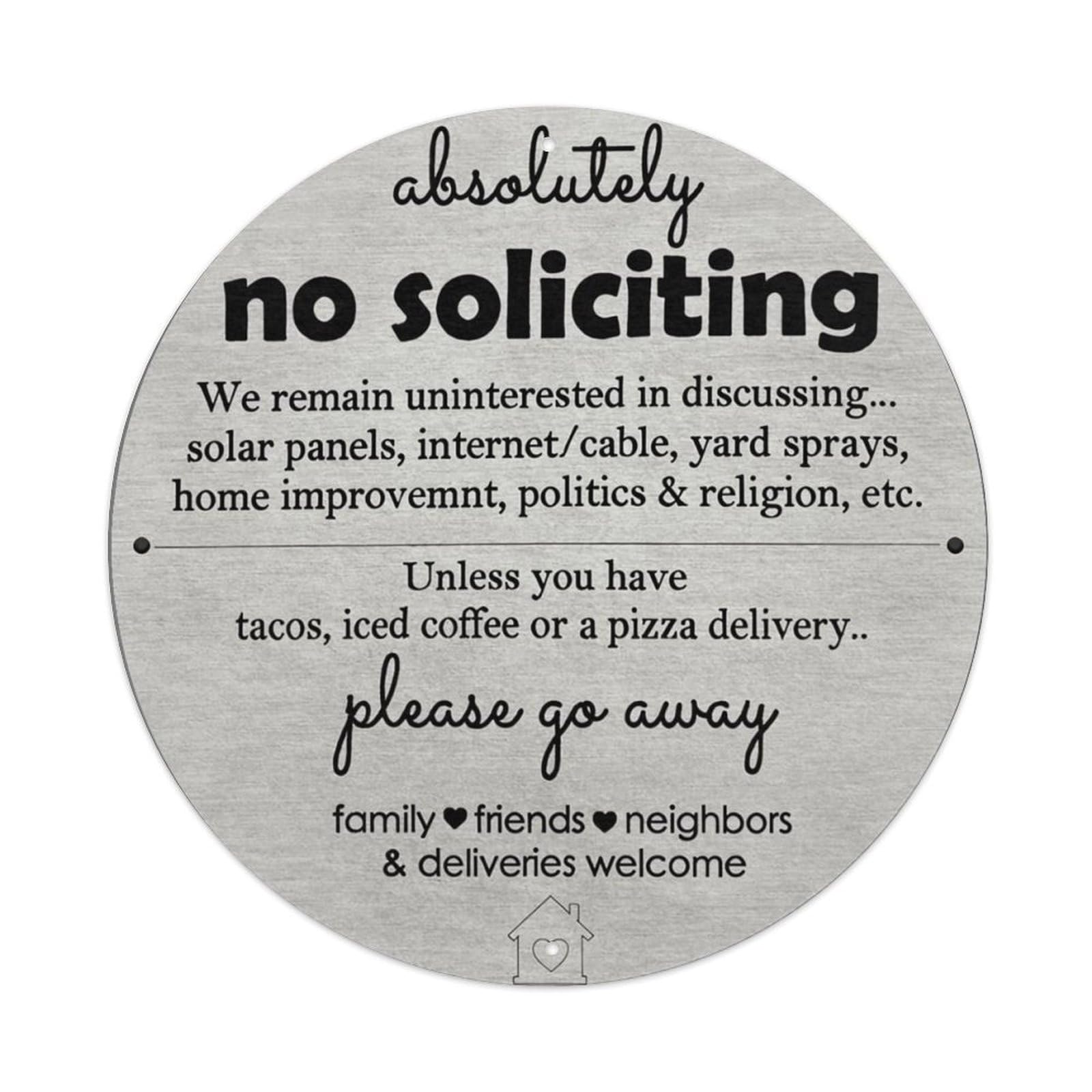 Absolutely No Solicting Sign Vintage Round Tin Sign Retro Metal Wall Decor Metal Poster, Home Bar Garage Cafe Wall Art Decoration 8x8Inches