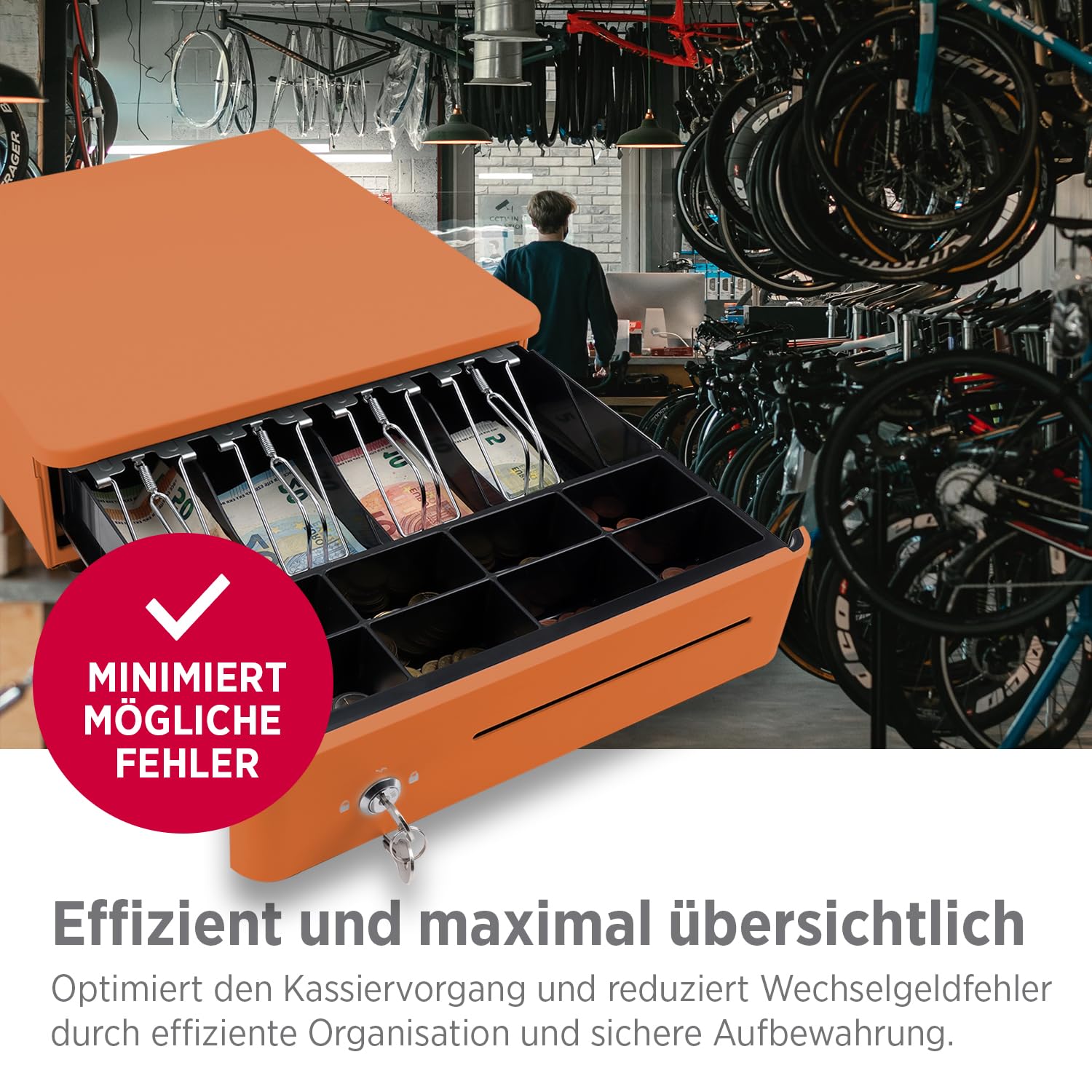 OLYMPIA S 330 Orange | Cassetto contanti con 8 scomparti per monete e 4 scomparti per banconote, robusto cassetto per cassa in metallo, registratore di cassa controllabile elettrico con serratura e
