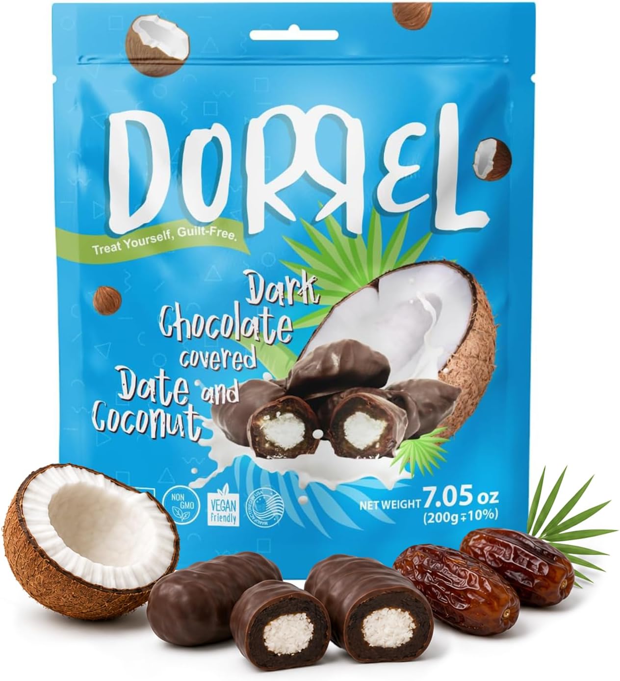 DORREL - Belgian Dark Chocolate Covered Dates (Medjool) with Coconut Stuffing, High Energy Vegan Choco Snack, Delicious, Kosher & Non-GMO, Pack of 1 Stuffed Chocolate Dates, 7.05 oz / 200 g Ea