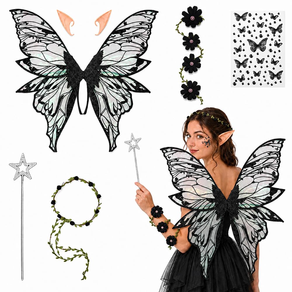 NAVESO Fairy Wings Adult, 6 Pcs Adult Fairy Costume, Black