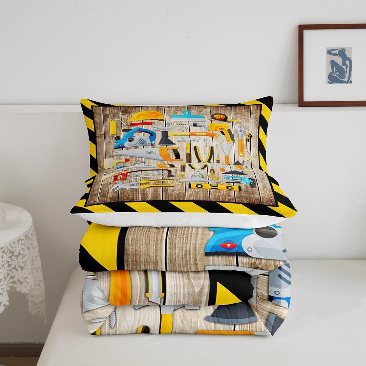 Construction Tools Bedding Comforter Sets Queen,Rustic Farmhouse Decor Wooden Stripes Bedding Set for Bedroom Decoration,Father's Day Repairing Building Tools with 1 Comforter and 2 Pillow Cases