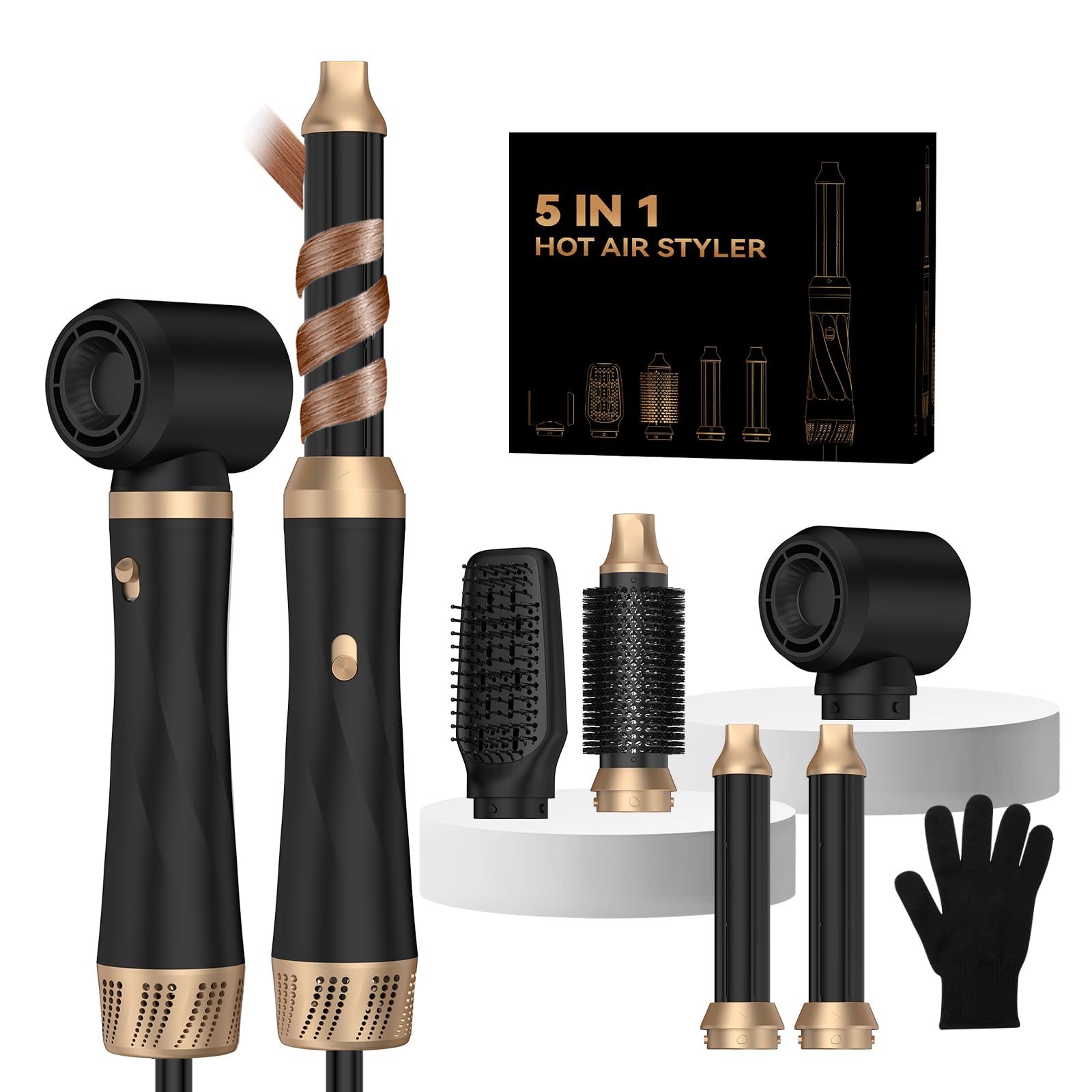 Hair Dryer Brush 5 in 1, Blow Dryer Brush Set with Air Curler Wrap Hair Styler, Negative Ionic Blow Dry Brush, Detachable Hair Tool for Curling, Volumizer,Straightener,Drying