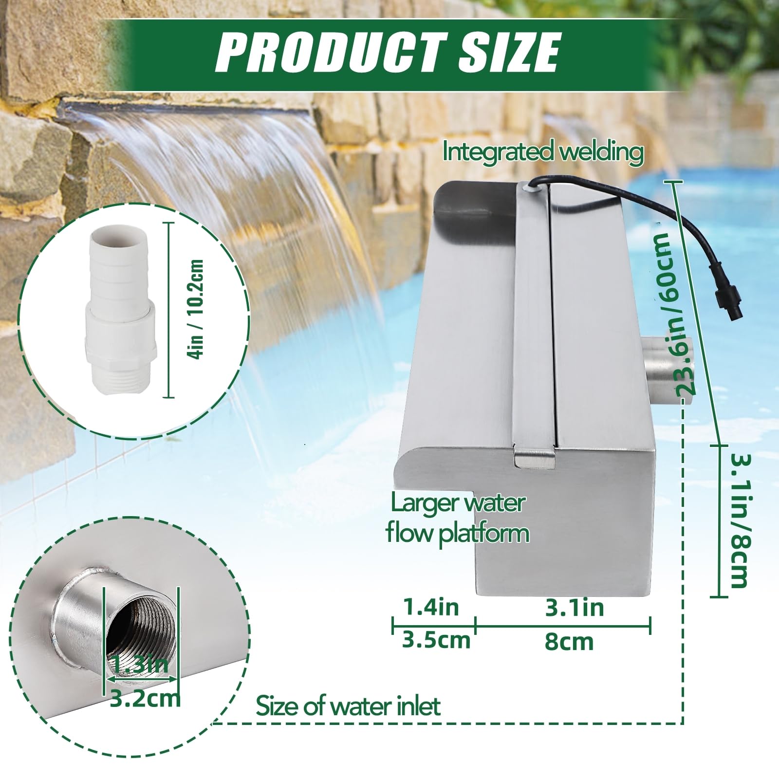 Fuente De Cascada Para Piscina Fuente De Agua Para Piscina - Acero  Inoxidable 304, 120cm Fuentes De Agua Para Piscinas, image size:1600x1600