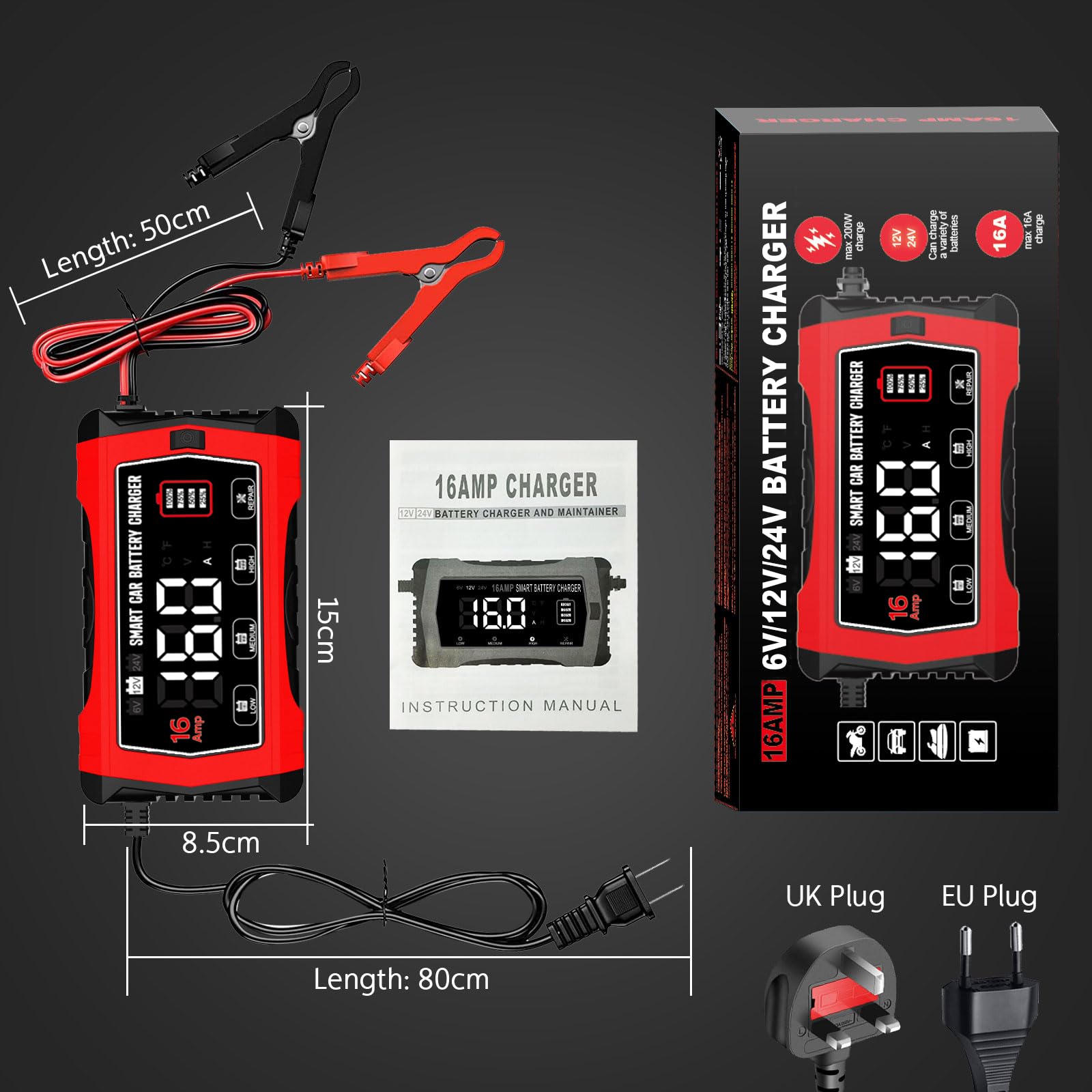 LiFePO4 - Caricabatteria da auto da 16 A, 6 V/12 V/24 V, con display LCD, compensazione della temperatura, modalità di riparazione per batterie auto, auto, barche