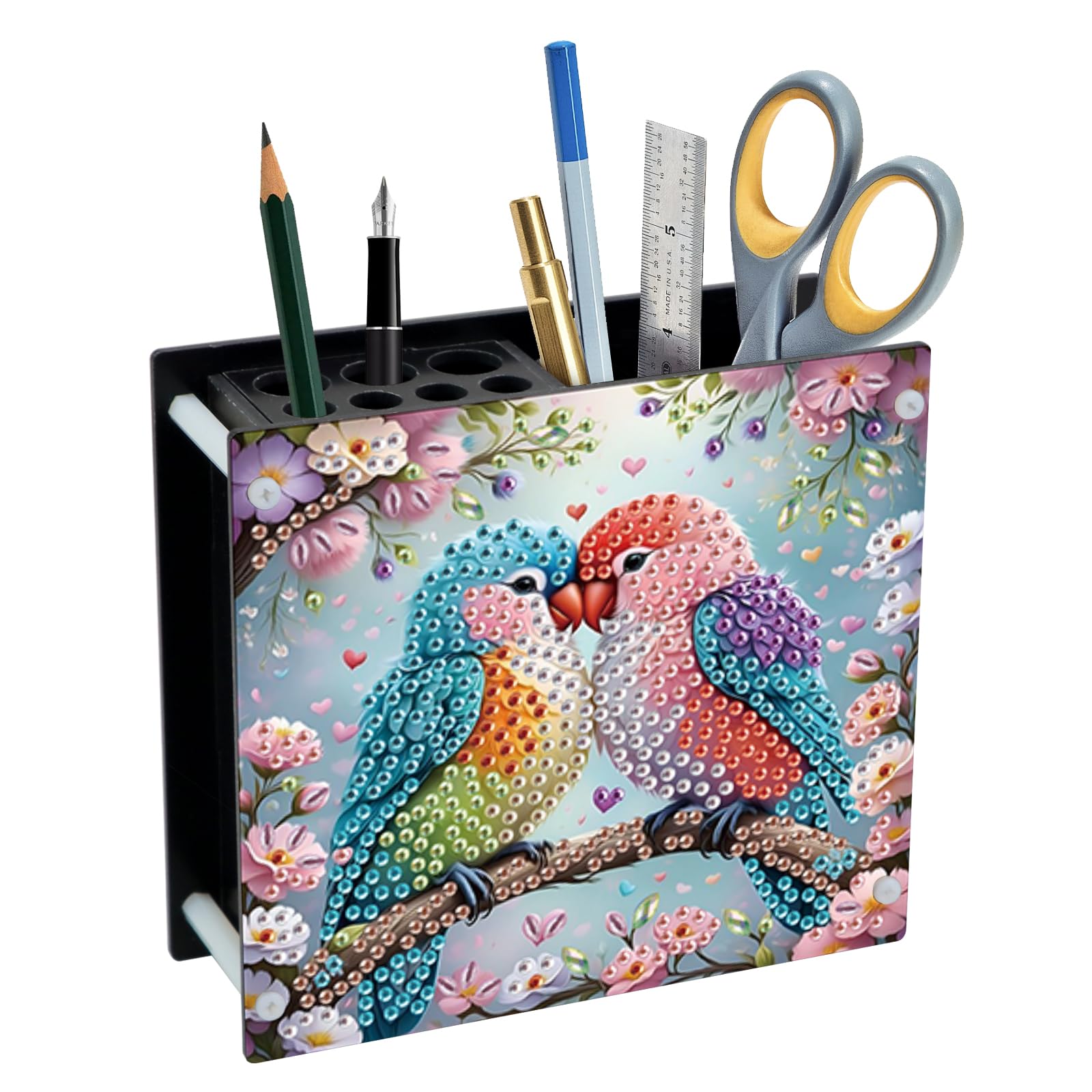 DIY 5D Diamond Painting Pen Holder – Colorful Parrot Couple Pencil Organizer for Bird Lovers, 5D DIY Desk Organizer with Beads, Pencil Organizer for Craft Desk or Gift