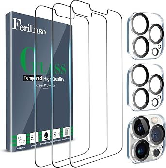 Ferilinso 3 Pack Screen Protector for iPhone 13 Pro, Tempered Glass, HD | 9H+ Hardness, Military-Grade Shatterproof, Case Friendly, Easy Installation Bubble Free, with Camera Lens Protectors