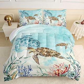 CVHOUSE Sea Turtle Comforter Set,Ocean Watercolor Sea Turtle Bedding Set for Kids Teens,Ocean Sea Turtle Comforter Sea Turtle Duvet Set Room Decor Quilt Set Full Size