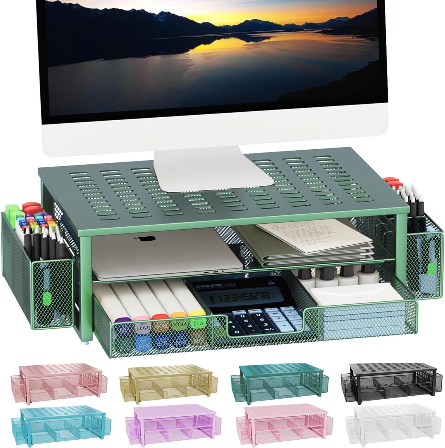 Amazon.com: gianotter Monitor Stand with Drawer and Pen Holder, Green ...