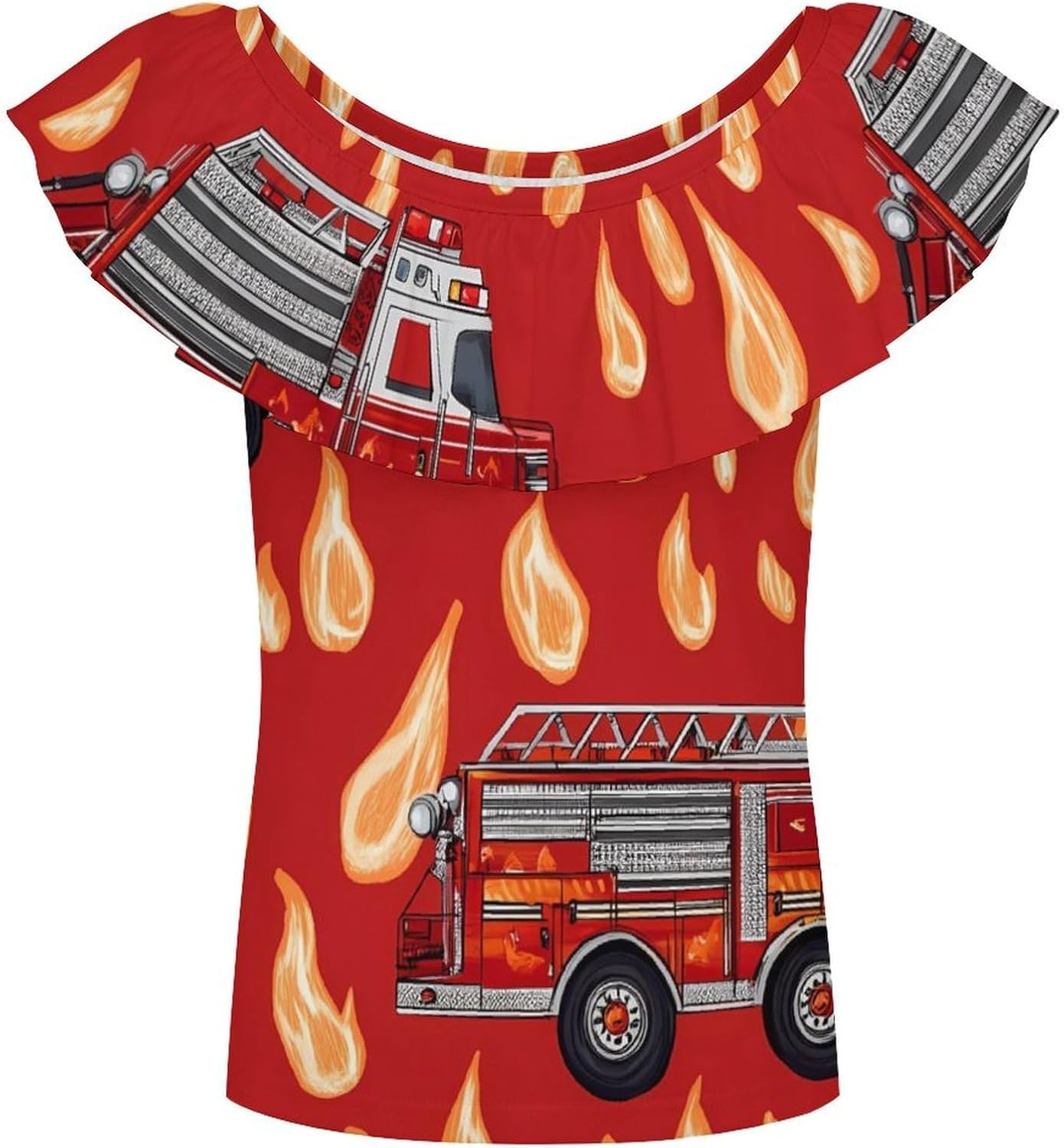 Firefighter Fire Trucks Girls T-Shirts Top Ruffle Short Sleeve Blouse Casual Graphic Tees