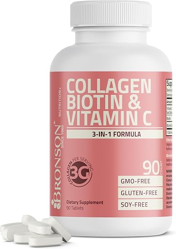 Bronson Collagen Peptides 3000mg with Biotin & Vitamin C, 90 Tablets | Hair, Skin & Nails Support, 3g Collagen per Serving, Non-GMO, Gluten-Free, Soy-Free
