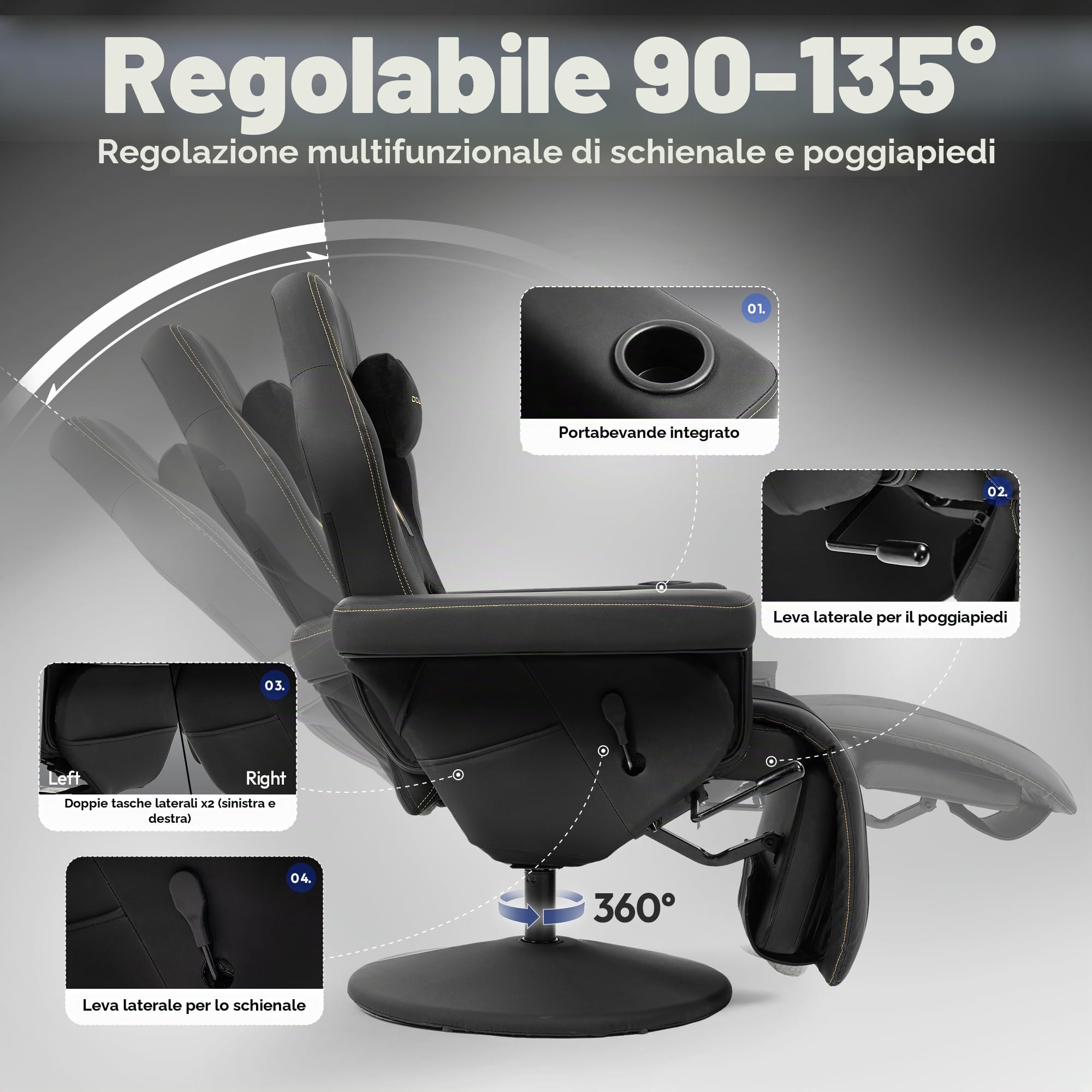 Dowinx Poltrona relax da gaming con funzione massaggio Shiatsu, poltrona TV con funzione reclinabile 90°-135° e poggiapiedi, sedia da gaming girevole a 360°, senza ruote, portabicchieri, tasche