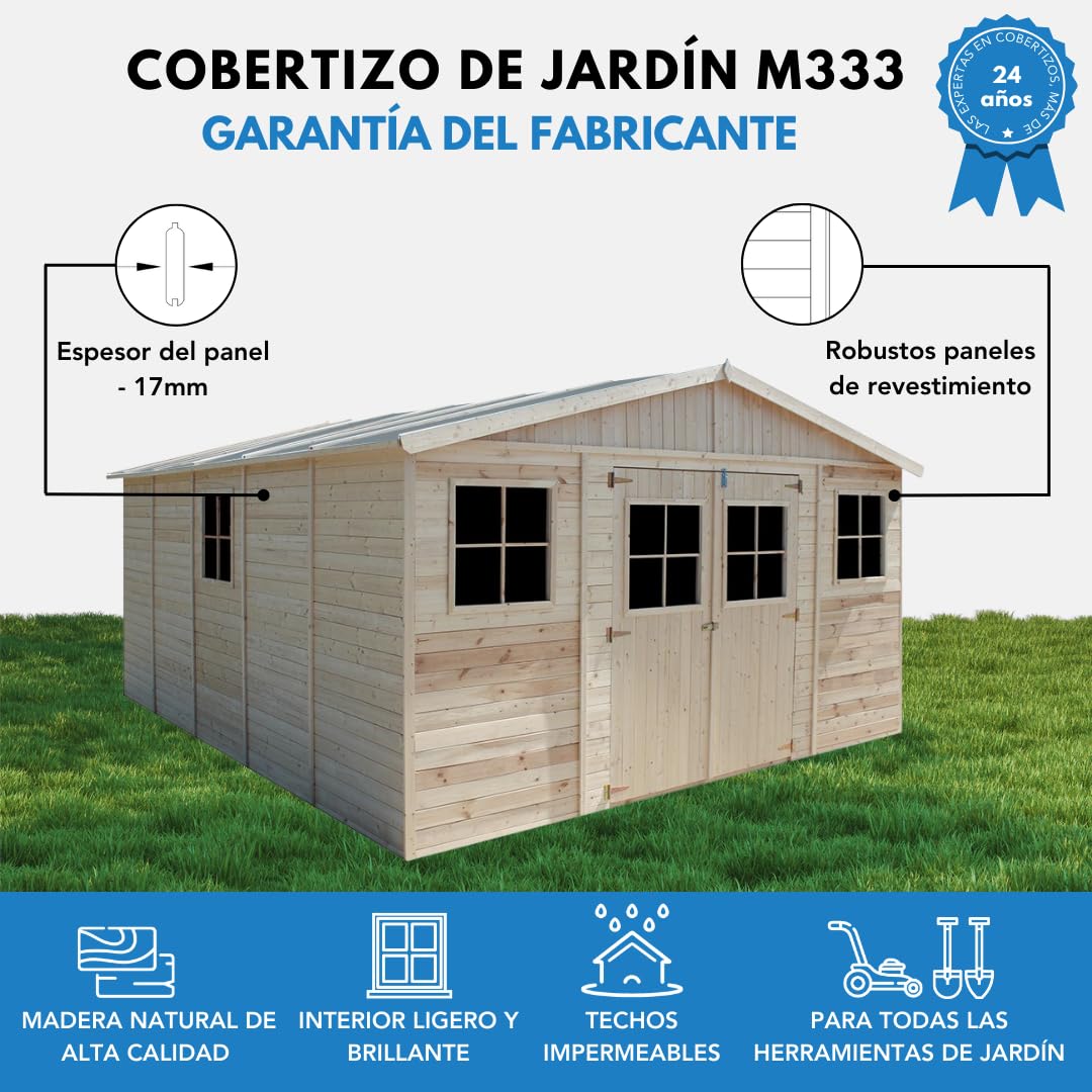 Cobertizo de Madera para jardín - A246x418x522cm/20m2 Cobertizo de Madera Natural - Taller de Jardín - Bicicleta, Almacenamiento de Herramientas TIMBELA M333