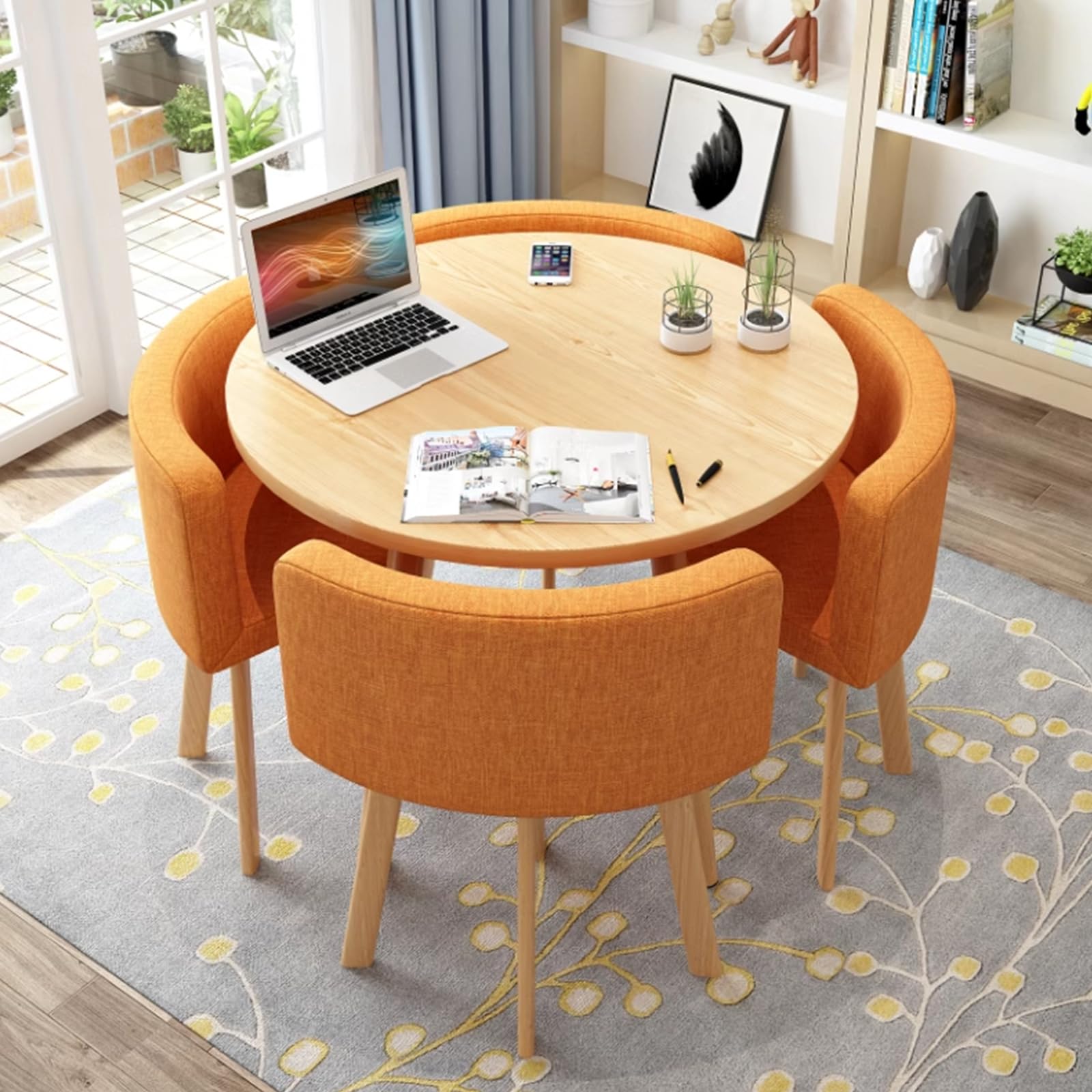 ASerZenith Space-Saving Dining Table Set For 4, Modern Metal Frame Kitchen Table Chairs, Office Conference Coffee Table For Apartment,Orangea-D 31.5Inch/80Cm