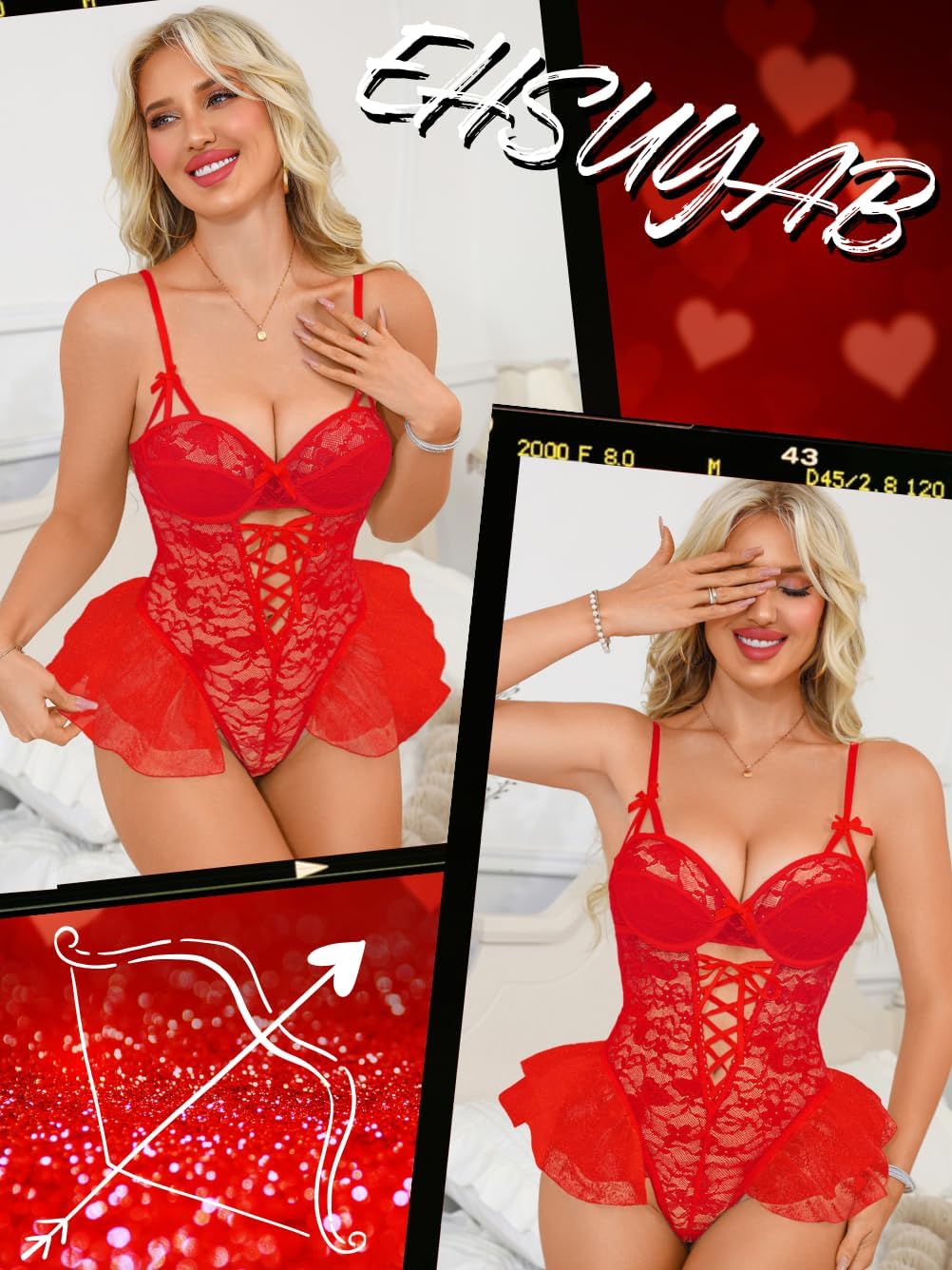 EHSUYAB Women Sexy One Piece Teddy Lingerie, Deep V Underwire Ruffle Sheer Floral Lace Bodysuit,Valentines Day Bridal Wedding - Image 7