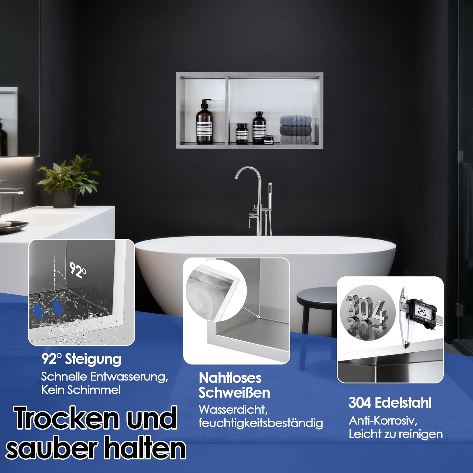 ROVOGO 60x30x10 cm Zweistufige Wandnische Dusche mit 2:1-Abteilverhältnis, Eingebettete Doppel-Duschnische Lagerung für Bad, Edelstahl 304 Einbaunische Übermontage, Einbauregal & Wandregal, Gebürstet